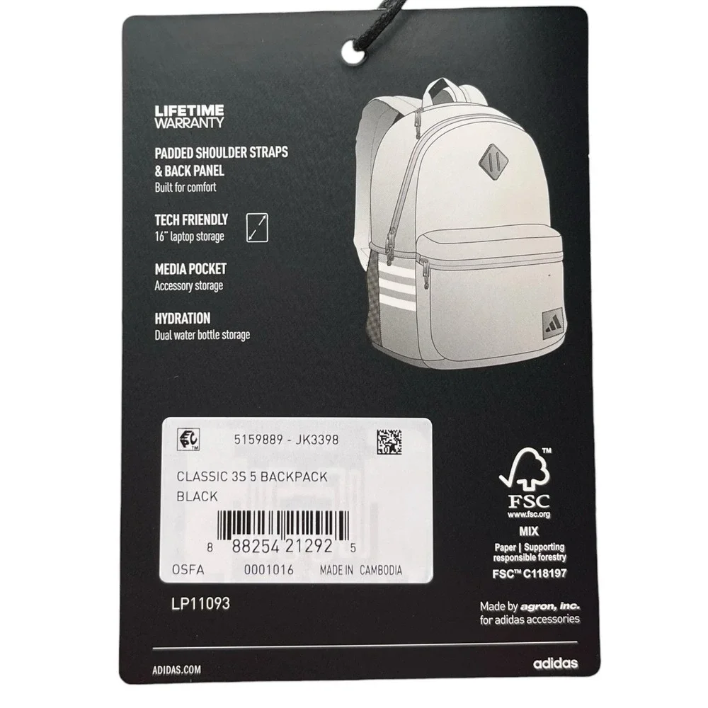 Adidas Classic 3S 5 Unisex School Backpack Fits 16" Laptop Black White Stripes - Picture 12 of 13